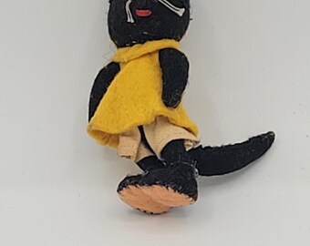 Vintage German BAPS Black Cat Kitten Felt Doll 2.75" Yellow Dress Rare Post-WWII