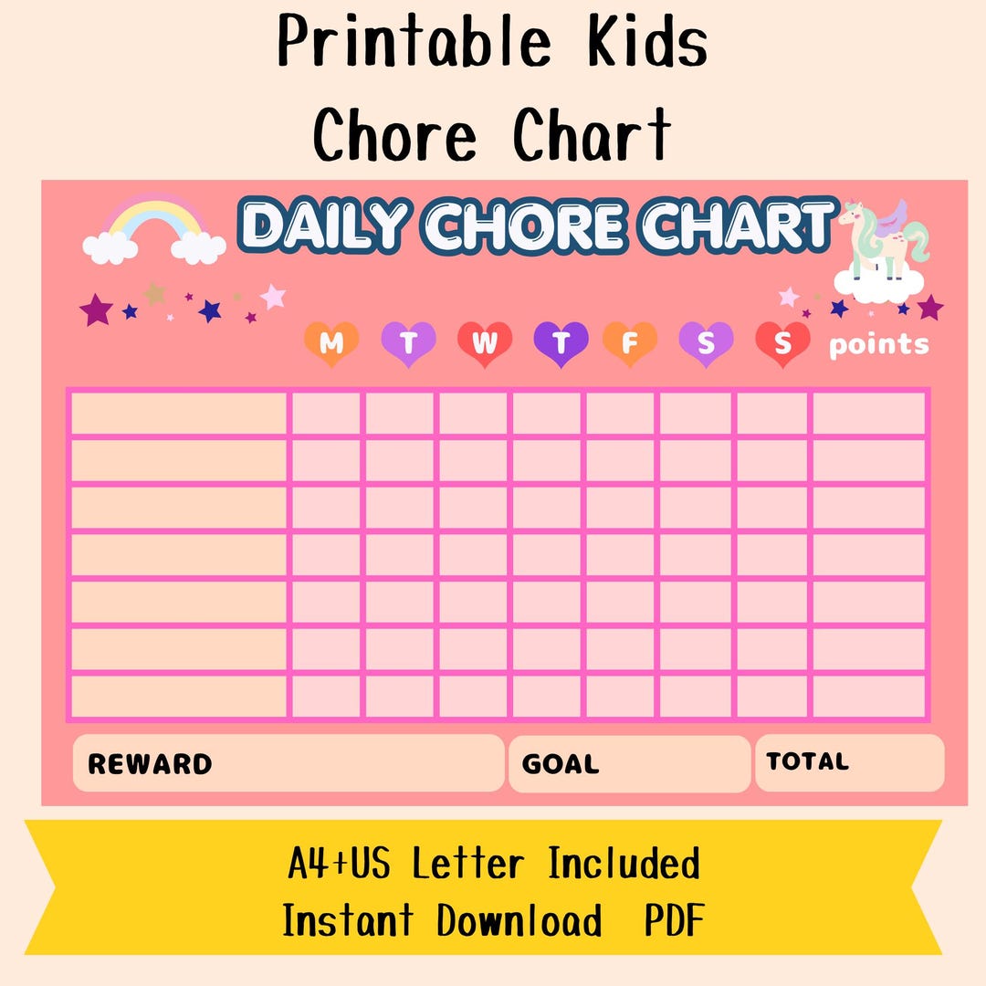Printable Kids Chore Chart Unicorn Reward Chart for Girls Daily Routine ...
