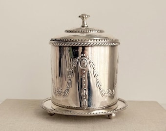 Vintage Silver Plate Tea Caddy with Lid & Tray | Ornate Embossed Storage Jar | Hollywood Regency Decor | English Style Tea Canister