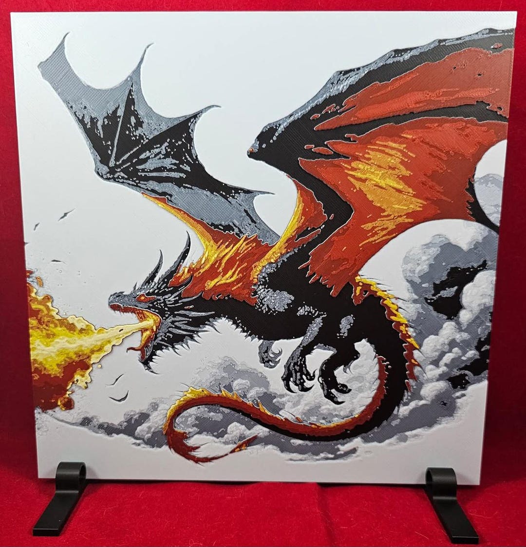 Fire Dragon 3D Printed Wall Art 8x8 Inch Layered Panel Fantasy Action ...