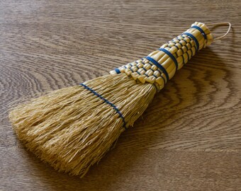 Japanese Handmade Broom from Aikawa, Corn Straw Desk Brush with Blue Stitch