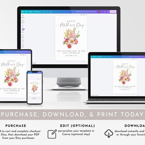 May include: A digital Mother's Day card displayed on various devices, including a computer monitor, tablet, laptop, and smartphone. The card features a floral bouquet and the text "Happy Mother's Day". The card is available for purchase, download, and print.