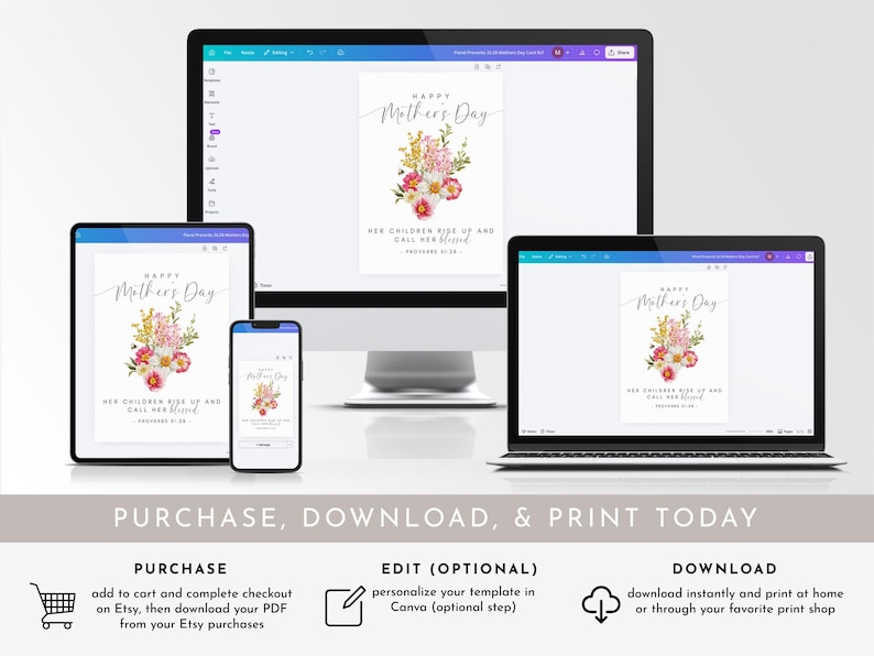 May include: A digital Mother's Day card displayed on various devices, including a computer monitor, tablet, laptop, and smartphone. The card features a floral bouquet and the text "Happy Mother's Day". The card is available for purchase, download, and print.