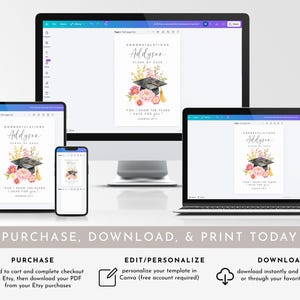 Puede incluir: Un dise&ntilde;o de anuncio de graduaci&oacute;n que se muestra en varios dispositivos digitales, incluyendo un monitor de ordenador, una tableta, un port&aacute;til y un smartphone. El dise&ntilde;o presenta un birrete, detalles florales y el texto "Enhorabuena Addyson, Promoci&oacute;n de 2024."