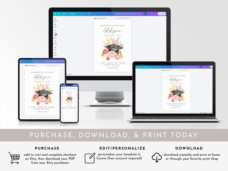 Puede incluir: Un dise&ntilde;o de anuncio de graduaci&oacute;n que se muestra en varios dispositivos digitales, incluyendo un monitor de ordenador, una tableta, un port&aacute;til y un smartphone. El dise&ntilde;o presenta un birrete, detalles florales y el texto "Enhorabuena Addyson, Promoci&oacute;n de 2024."