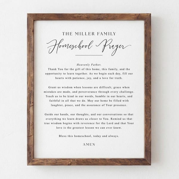 Gepersonaliseerde homeschoolgebed afdrukbaar, decor christelijk homeschool, homeschoolcadeau, familiegebed kunst aan de muur, instant download