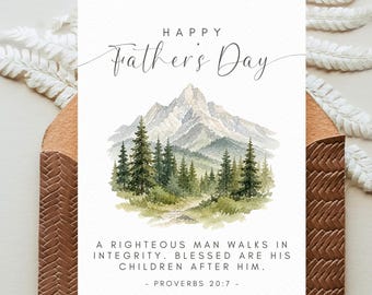 Christian Father’s Day Card Template, Scripture Printable Card for Dad, Proverbs 20:7, Editable Card