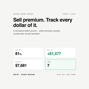 May include: An options income tracker spreadsheet for Sheets and Excel. The interface displays the text Sell premium. Track every dollar of it. A real options-seller's journal, with data fields for win rate 81%, net P/L +$1,577, premium $7,681, and 7 tabs.