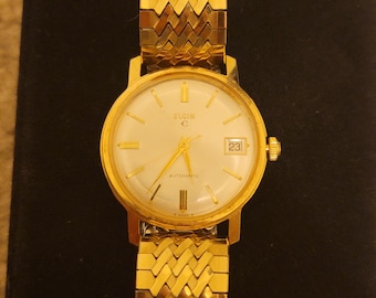 Vintage 1960's Men's Elgin 17j Swiss Automatic Gold T 33mm Wristwatch-Runs Great