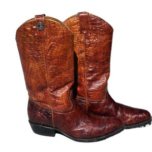 Puede incluir: Un par de botas vaqueras de media caña en un tono marrón rico y brillante. Las botas presentan un patrón texturizado distintivo que recuerda a la piel de reptil en toda la superficie, con un tacón marrón oscuro y un pequeño emblema plateado.