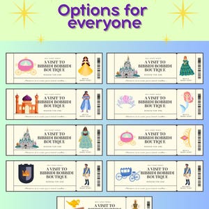 May include: A collection of cream-colored tickets with illustrations of fairytale characters and objects, including a princess, castle, and carriage. The text "A Visit to Bibbidi Bobbidi Boutique" is printed on each ticket, with the words "Options for everyone" at the top.