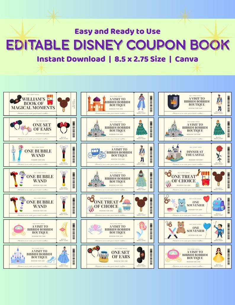 May include: An editable Disney coupon book with a light green background. The coupons feature various Disney-themed illustrations and text, including "One Set of Ears" and "A Visit to Bibbidi Bobbidi Boutique." The text "Easy and Ready to Use" is at the top.