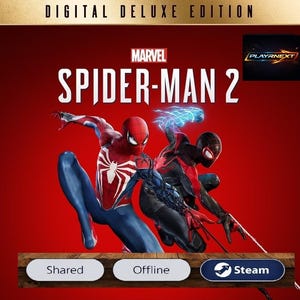Könnte beinhalten: Cover-Art der Digital Deluxe Edition von Marvel's Spider-Man 2. Das Bild zeigt zwei Spider-Man-Charaktere in dynamischen Posen vor rotem Hintergrund. Der Spieletitel ist prominent, zusammen mit dem Marvel-Logo und dem PlayrNext-Logo.
