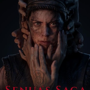 May include: A promotional image for Senua's Saga: Hellblade II. The image features a woman with a serious expression, her face framed by multiple hands. The game's title is displayed in red and white text at the bottom, with "Enhanced" below.