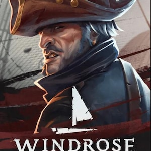 Op de afbeelding: Digitale illustratie van een verweerde piraat met een bruine steek en een donkerblauwe jas. De afbeelding toont een zeilboot en het woord "WINDROSE" in witte tekst tegen een donkere achtergrond.