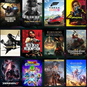 Op de afbeelding: Een verzameling van video game box art met actie- en avontuurtitels. Games zijn onder andere "Dying Light", "Metal Gear Solid", "Forza Horizon", "Cyberpunk", "Ghost of Tsushima", "Red Dead Redemption", "Elden Ring", "Kingdom Come Deliverance", "Tekken 8", "Dragon Ball", "Final Fantasy XVI" en "Horizon".