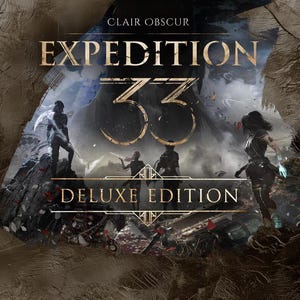 May include: Deluxe Edition cover art for "Clair Obscur: Expedition 33." The image features a dark, fantasy theme with figures silhouetted against a dramatic backdrop. Gold lettering spells out the title and edition, with the number 33 prominently displayed.