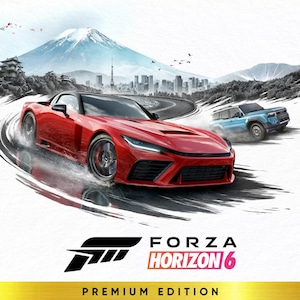 Könnte beinhalten: Ein roter Sportwagen fährt auf einer kurvenreichen Straße, mit einem blauen SUV im Hintergrund. Das Bild zeigt einen Berg, eine Skyline und den Text "FORZA HORIZON 6 PREMIUM EDITION".