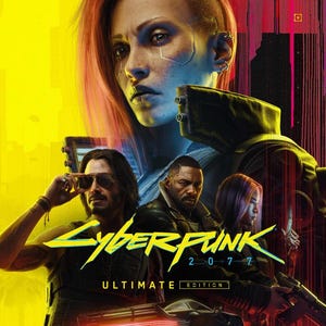 Puede incluir: Portada de Cyberpunk 2077 Ultimate Edition. La imagen presenta a una mujer con cabello rojo y varios otros personajes. El t&iacute;tulo del juego est&aacute; en amarillo y azul, con el texto "Ultimate Edition" debajo. El fondo es amarillo y rojo.