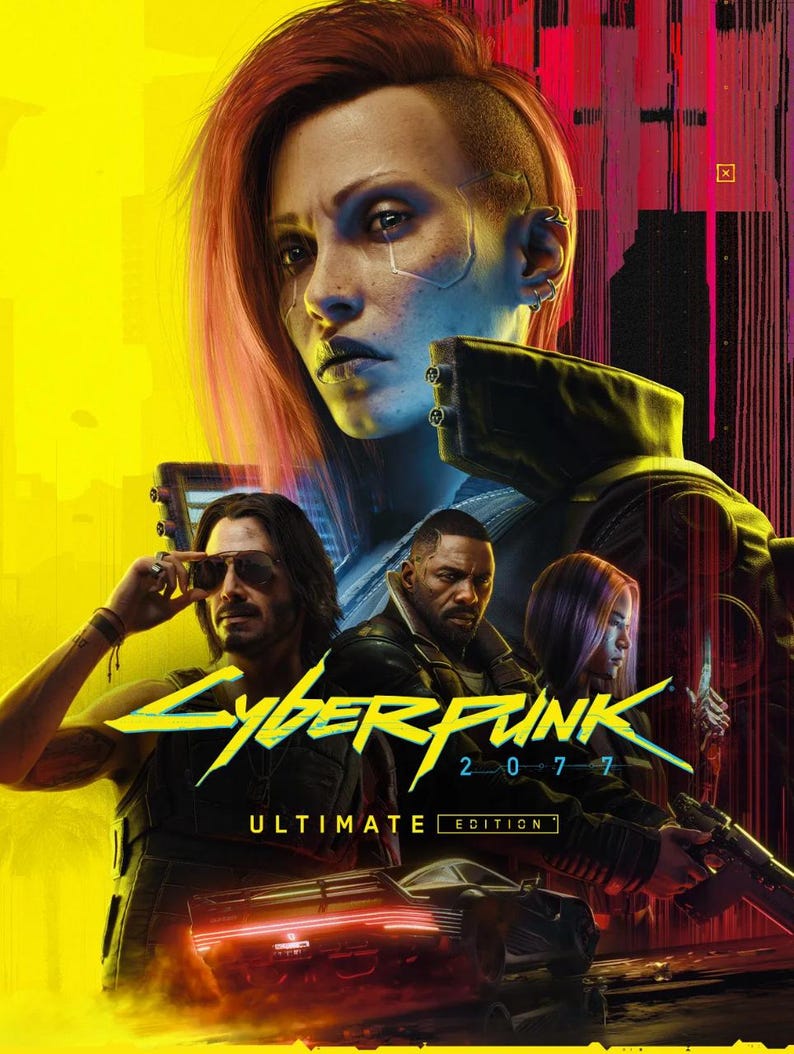 Puede incluir: Portada de Cyberpunk 2077 Ultimate Edition. La imagen presenta a una mujer con cabello rojo y varios otros personajes. El t&iacute;tulo del juego est&aacute; en amarillo y azul, con el texto "Ultimate Edition" debajo. El fondo es amarillo y rojo.