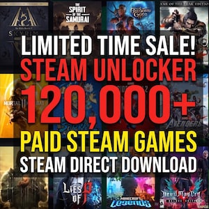 Può includere: Un annuncio digitale che presenta una griglia di varie copertine di videogiochi con sovrapposizioni di testo in grassetto. Il testo recita: LIMITED TIME SALE! STEAM UNLOCKER 120,000+ PAID STEAM GAMES STEAM DIRECT DOWNLOAD. Lo sfondo mostra illustrazioni.