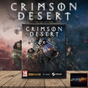 Könnte beinhalten: Videospielbox für "Crimson Desert Deluxe Edition" mit einem Krieger mit Schwert und Schild. Der Titel des Spiels ist weiß, mit "Deluxe Edition" darunter. Sie zeigt auch das 18+-Rating, 4K Ultra HD und Steam-Logos. Der Hintergrund ist unscharf.