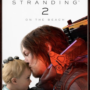 May include: Promotional image for the video game Death Stranding 2. The image features a man kissing a baby on the forehead. The game's title and the number 2 are displayed at the top. The Steam logo is visible.