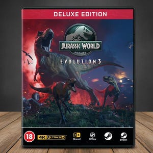 Può includere: Custodia del gioco Jurassic World Evolution 3 Deluxe Edition. La copertina presenta un grande dinosauro con dinosauri più piccoli in primo piano, su uno sfondo rosso e blu. La custodia del gioco ha il logo 4K Ultra HD e il logo Steam.