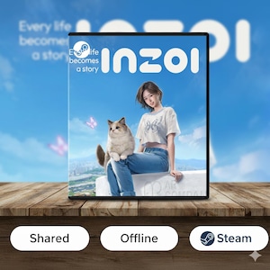 Puede incluir: Caja de juego con la palabra "Inzoi" en blanco. La imagen muestra a una mujer y un gato, con el texto "Every life becomes a story". El juego ofrece opciones compartidas, sin conexión y Steam.
