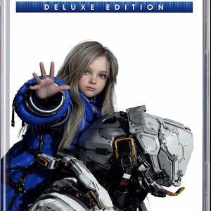 May include: Video game case for "Pragmata Deluxe Edition" featuring a young girl in a blue outfit with a futuristic robotic arm. The game's title is at the top, with the Capcom logo at the bottom right.