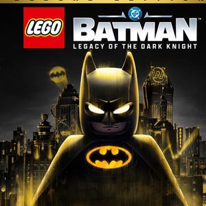 Op de afbeelding: Deluxe Edition LEGO Batman: Legacy of the Dark Knight game cover. De afbeelding toont een LEGO Batman-figuur tegen een stadsgezicht. Het LEGO-logo en het DC Comics-logo zijn ook zichtbaar.
