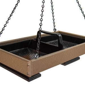 Poly Lumber Hanging Platform Bird Feeder: Easy Clean Tray, Holds 8 Cups Tan