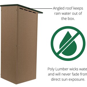Puede incluir: Una caja de almacenamiento rectangular marr&oacute;n y resistente a la intemperie con un techo verde y un dise&ntilde;o angulado para evitar que la lluvia entre. La caja est&aacute; hecha de madera de polipropileno, que es resistente al agua y a la decoloraci&oacute;n.