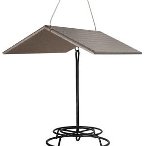 May include: A black metal bird feeder with a gray, angled roof. The feeder has a circular base and a hanging hook.
