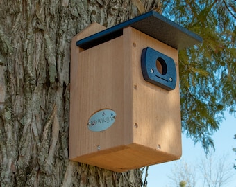 Könnte beinhalten: Ein Vogelhaus aus Holz mit dunkelblauem Dach und Eingangsdetail ist an einem Baumstamm befestigt. Das Vogelhaus hat eine hellbraune Oberfläche und ein kleines, ovales Metallabzeichen mit dem Text "Jo's Wildlife".