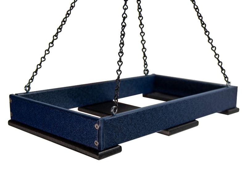 Poly Lumber Hanging Platform Bird Feeder: Easy Clean Tray, Holds 8 Cups Blue