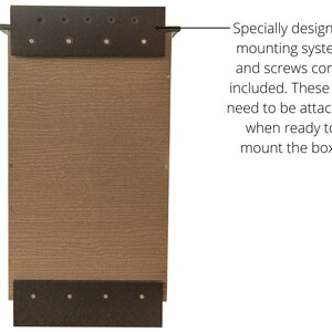 May include: A brown rectangular birdhouse with a textured wood grain appearance. The birdhouse has a dark brown mounting system attached to the top and bottom with screws. The text on the image says, "Specially designed mounting system and screws come included."