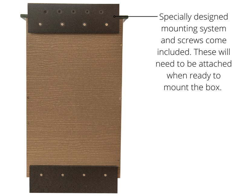 May include: A brown rectangular birdhouse with a textured wood grain appearance. The birdhouse has a dark brown mounting system attached to the top and bottom with screws. The text on the image says, "Specially designed mounting system and screws come included."