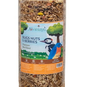 May include: A cylindrical container of bird seed with a label that reads "Bugs Nuts & Berries Premium Bird Seed". The label also features a woodpecker and a bluebird, and the text "Attract More Birds".