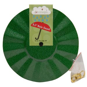 May include: Green 9.5 inch rain guard for bird feeders. The rain guard is shaped like an umbrella and has a black hook for hanging. The text on the label reads "Jo's Wildlife 9.5" Rain Guard No one likes soggy food."