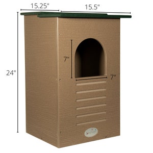 May include: A rectangular birdhouse with a brown exterior and a green roof. The birdhouse has a 7-inch opening and is 24 inches tall. The birdhouse is 15.25 inches wide and 15.5 inches deep.