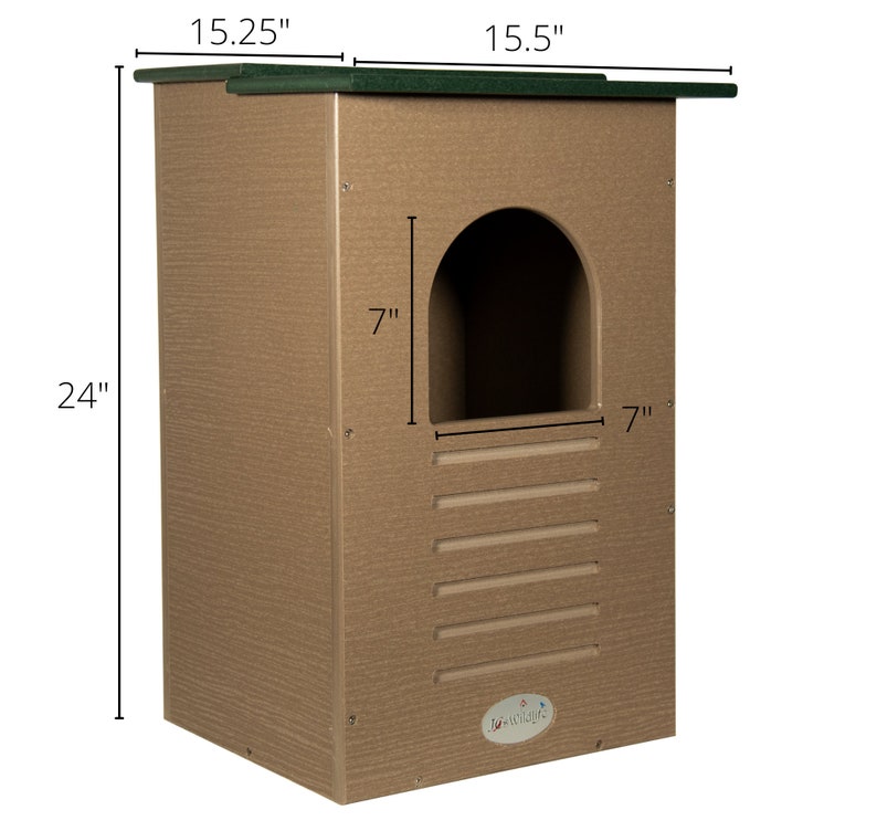 May include: A rectangular birdhouse with a brown exterior and a green roof. The birdhouse has a 7-inch opening and is 24 inches tall. The birdhouse is 15.25 inches wide and 15.5 inches deep.