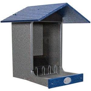 May include: A gray and blue bird feeder with a blue roof and a clear plastic tray. The feeder has a "Droll Yankees" logo on the front.