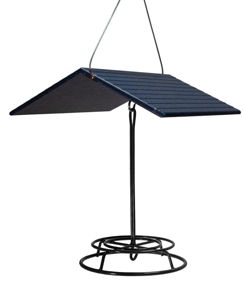 May include: A black metal bird feeder with a blue plastic roof. The feeder has a round base and a hanging hook.