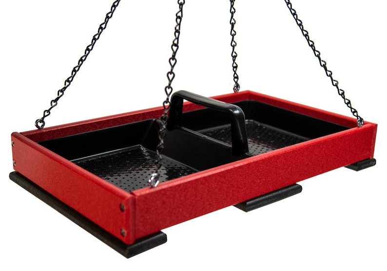 Poly Lumber Hanging Platform Bird Feeder: Easy Clean Tray, Holds 8 Cups Red