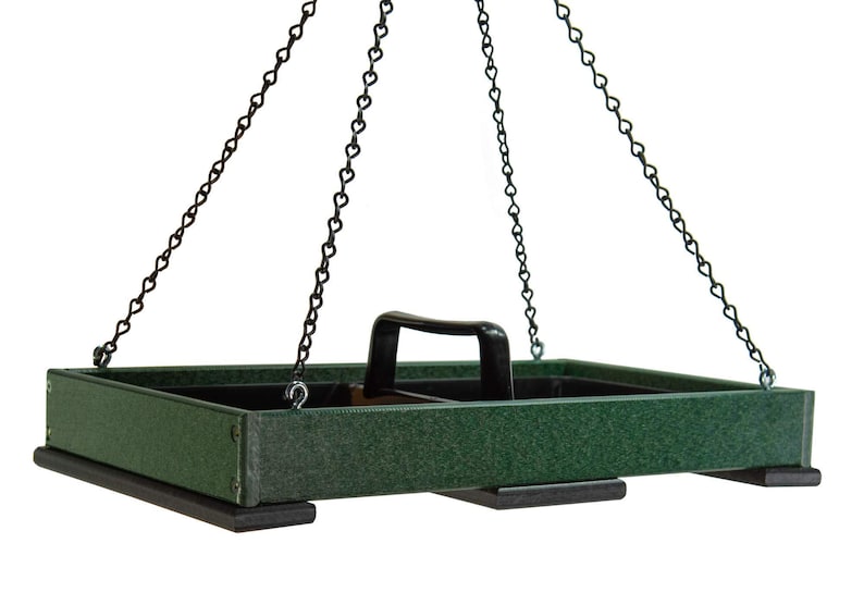 Poly Lumber Hanging Platform Bird Feeder: Easy Clean Tray, Holds 8 Cups Green