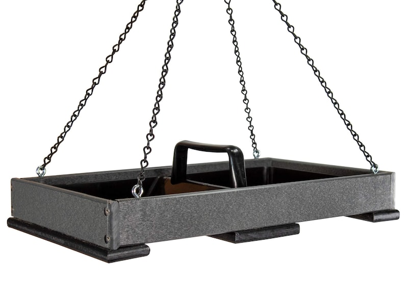 Poly Lumber Hanging Platform Bird Feeder: Easy Clean Tray, Holds 8 Cups Gray