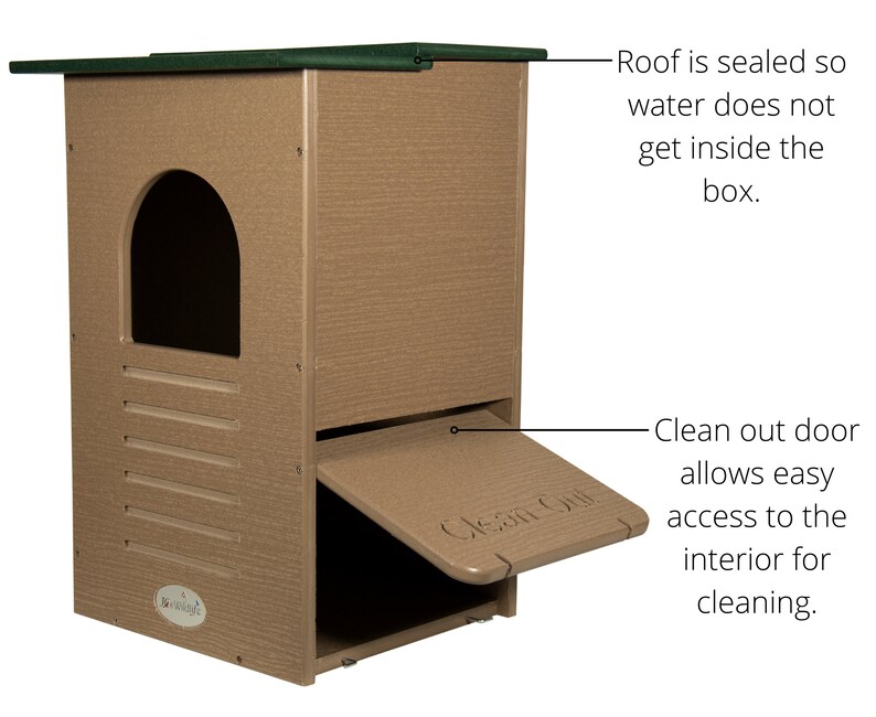 May include: A tan-colored outdoor cat house with a green roof. Features include an arched entry, a clean-out door, and text that reads "Clean Out". The roof is sealed to prevent water from entering. The design allows easy access for cleaning.