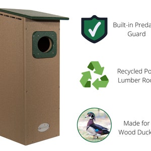 Puede incluir: Una casa de madera para patos, de color marr&oacute;n y verde, con protecci&oacute;n contra depredadores. La casa tiene un techo verde y un agujero de entrada redondo. La casa est&aacute; dise&ntilde;ada para patos de madera.