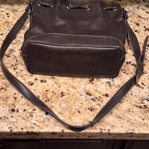 May include: A dark brown leather bucket bag featuring a drawstring closure with gold-toned metal eyelets and an adjustable shoulder strap. The bag has a structured oval base and visible stitching along the seams of the exterior leather.
